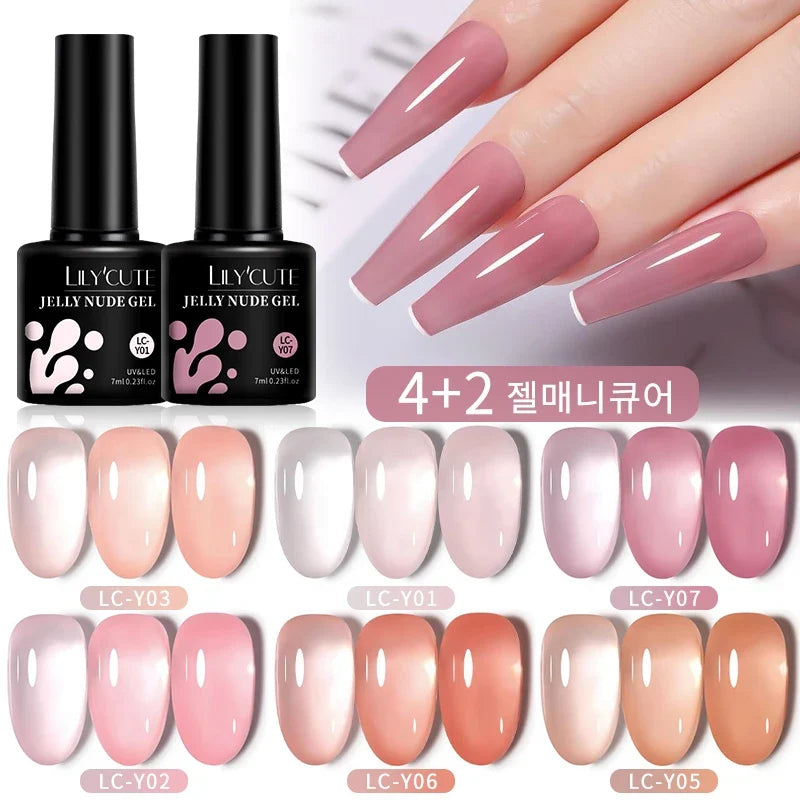 LILYCUTE 6PCS/SET 7ml Jelly Pink Nude Translucent Gel Nail Polish Set Semi Permanent Soak Off Nail Art Manicure Gel Set 1