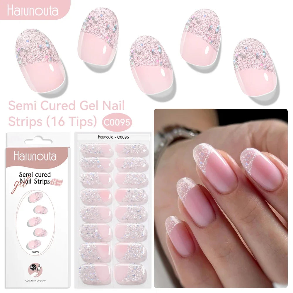 Harunouta 16strips Gradient Red Marble Gold Line Semi Cured Gel Nail Strips DIY Gel Polish Stickers for Nails Work with UV/LED 23