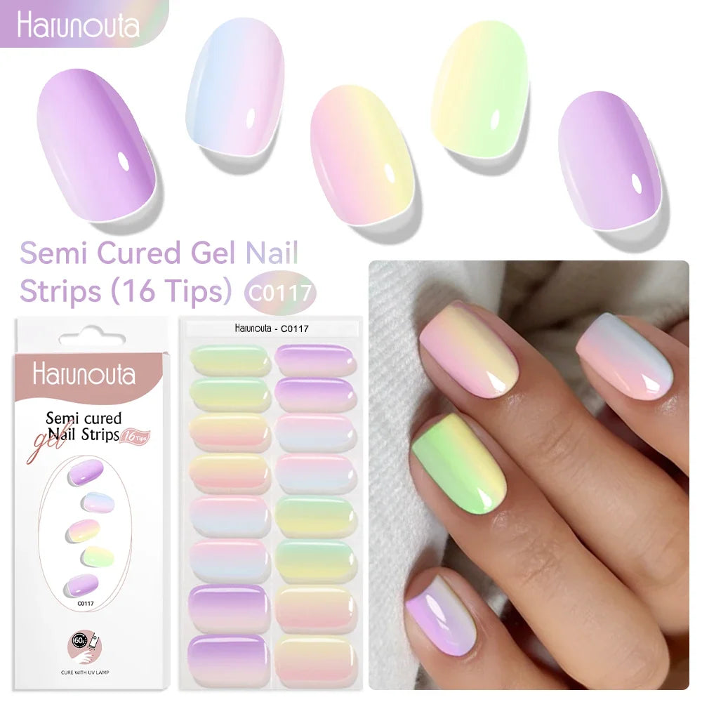 Harunouta 16strips Gradient Red Marble Gold Line Semi Cured Gel Nail Strips DIY Gel Polish Stickers for Nails Work with UV/LED 42