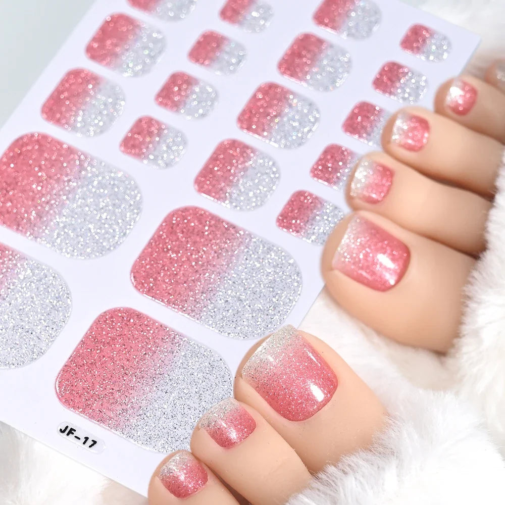 1pcs 22tips Gradient Glitter Full Toe Nail Wraps 3D Shiny Omber Pink/Purple/blue Toe Nail Polish Stickers Baking Free Toe Strips 6