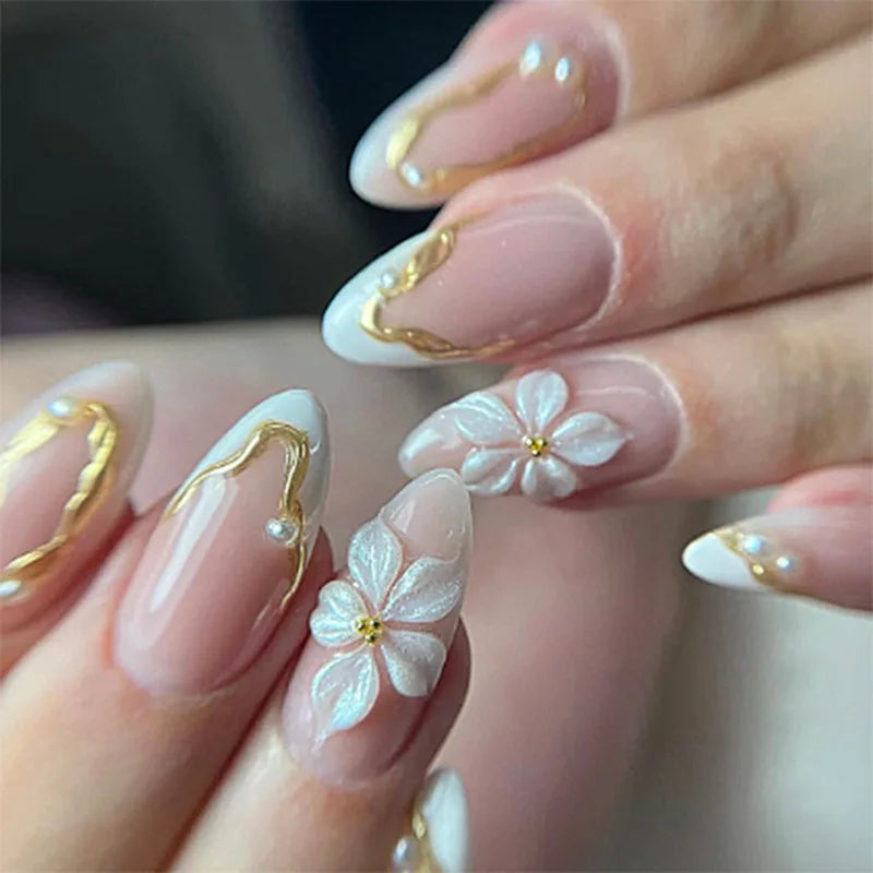 24Pcs 3D Strawberry Rabbit Flower Fake Nails Press on Mid-length Almond Wearable False Nails Green Gradient Pearl Manicure Tips 36