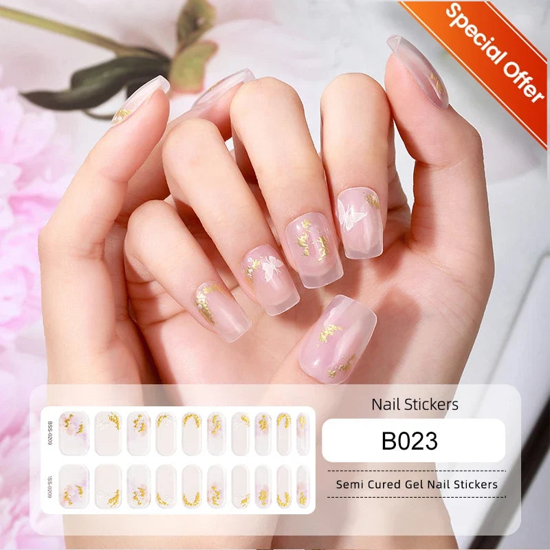 20Tips Gradient French Semi-cured Gel Nail Sticker UV Lamp Needed Full Cover Nail Gel Polish Wraps Manicure Press on Nails Decal 29