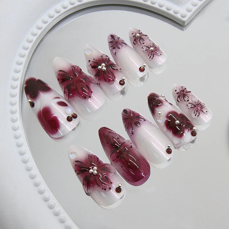 24pcs Flower Print Press on Nails Wine Red Blush Almond False Nail Tips Wearable Reusable Summer Spicy Girl Fake Nails 3