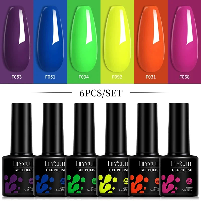 LILYCUTE 6Pcs/Set 7ML Gel DIY Nail Polish Bright Pink Semi Permanent Soak Off UV LED Gel Varnish Nail Art Design Manicure Kit 28