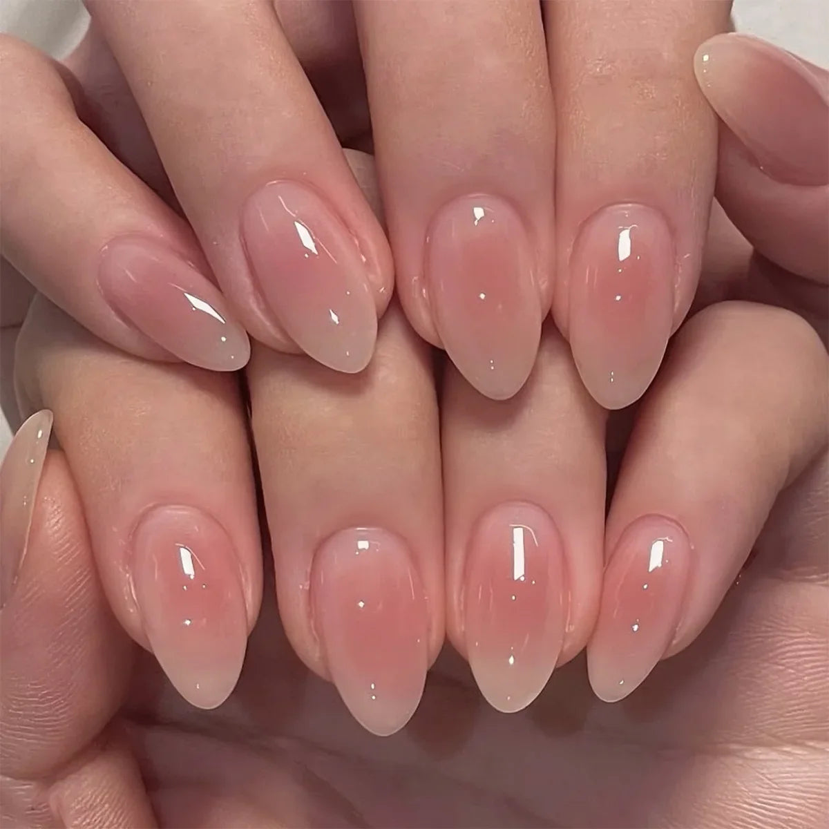 24Pcs Metallic Cat Eye French Sheer Manicure Tip Art Textured 3D Acrylic False Nails Nude Pink Almond Medium Press on Fake Nails 2