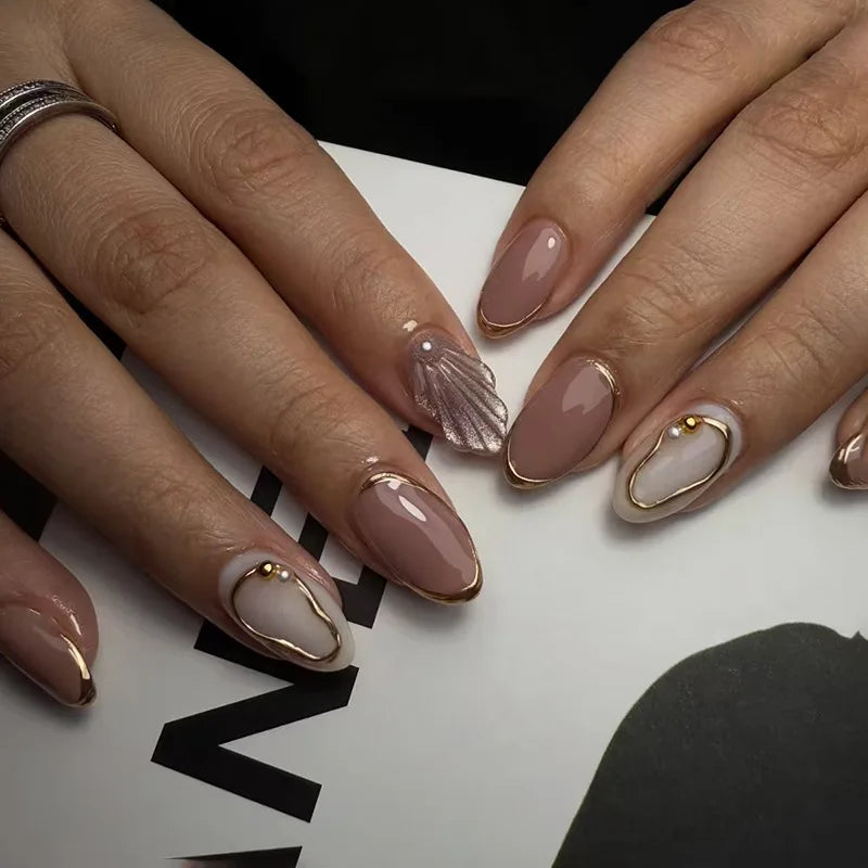 24Pcs Metallic Cat Eye French Sheer Manicure Tip Art Textured 3D Acrylic False Nails Nude Pink Almond Medium Press on Fake Nails 16