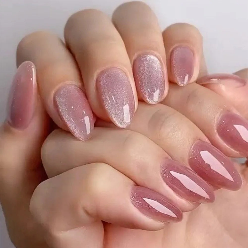 24Pcs Metallic Cat Eye French Sheer Manicure Tip Art Textured 3D Acrylic False Nails Nude Pink Almond Medium Press on Fake Nails 25