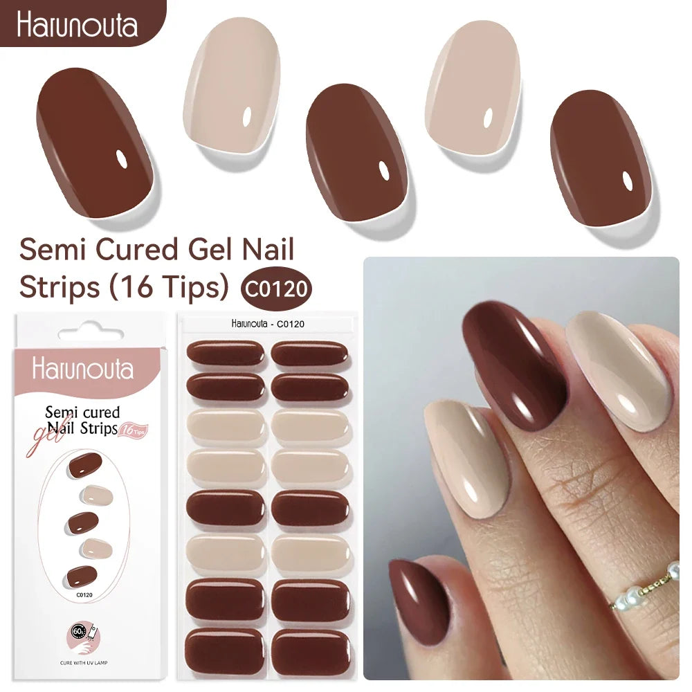 Harunouta 16strips Gradient Red Marble Gold Line Semi Cured Gel Nail Strips DIY Gel Polish Stickers for Nails Work with UV/LED 7