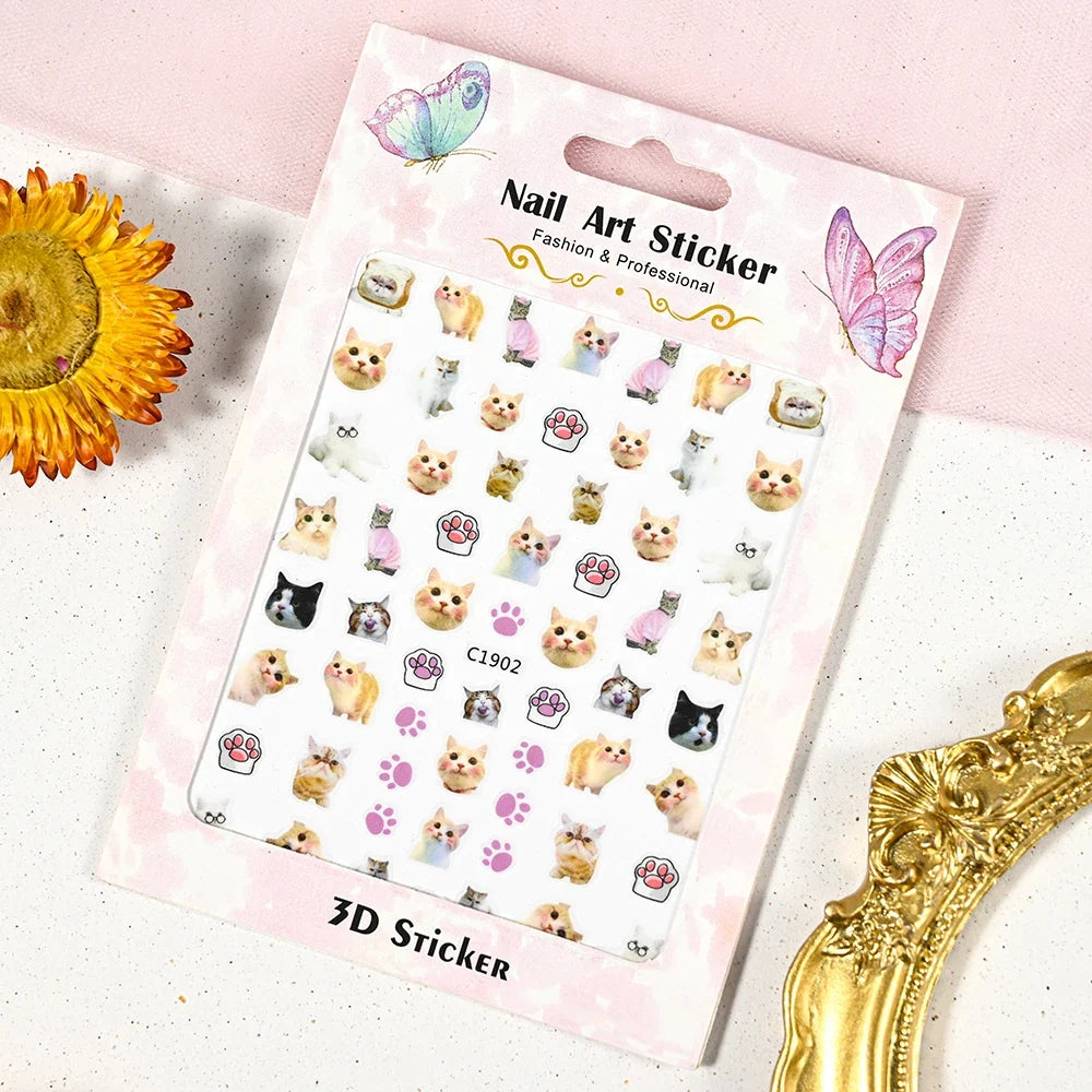 Lovely Cat Nail Decals 3D Animal Cartoon Dog Scrawl Relief Self Adhesive Nail Art Stickers Cute Puppy Kitty Y2K Nails Decoration 11