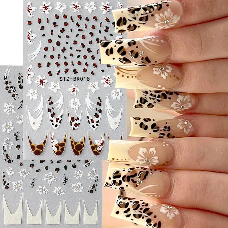 Cheetah French Nails Stickers Flowers Leopard Self-Adhesive Decals Holographic Slider Manicure Art Supplies And Decorations 1