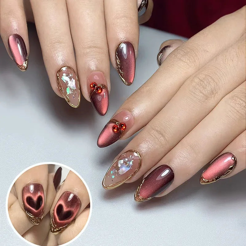 24Pcs 3D Strawberry Rabbit Flower Fake Nails Press on Mid-length Almond Wearable False Nails Green Gradient Pearl Manicure Tips 24