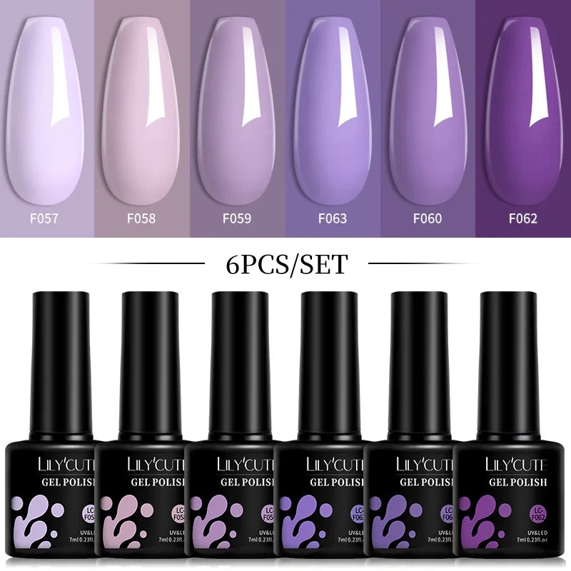 LILYCUTE 6Pcs/Set 7ML Gel DIY Nail Polish Bright Pink Semi Permanent Soak Off UV LED Gel Varnish Nail Art Design Manicure Kit 31