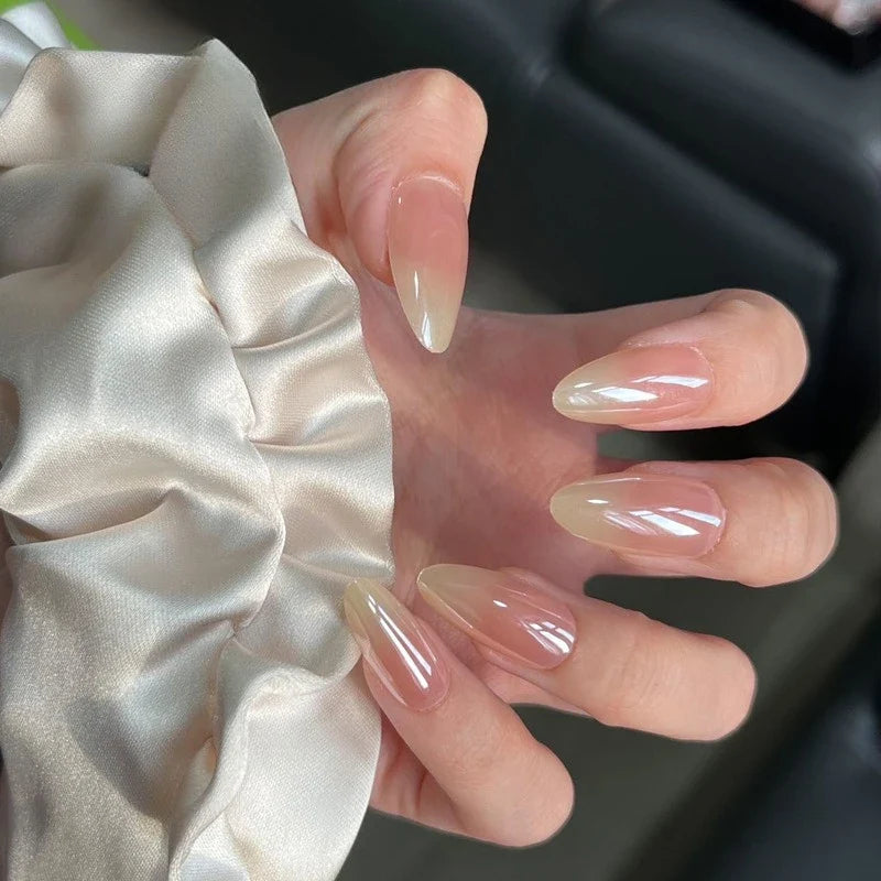 24Pcs Metallic Cat Eye French Sheer Manicure Tip Art Textured 3D Acrylic False Nails Nude Pink Almond Medium Press on Fake Nails 19