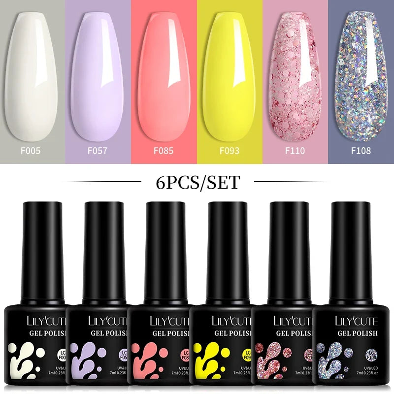 LILYCUTE 6Pcs/Set 7ML Gel DIY Nail Polish Bright Pink Semi Permanent Soak Off UV LED Gel Varnish Nail Art Design Manicure Kit 7