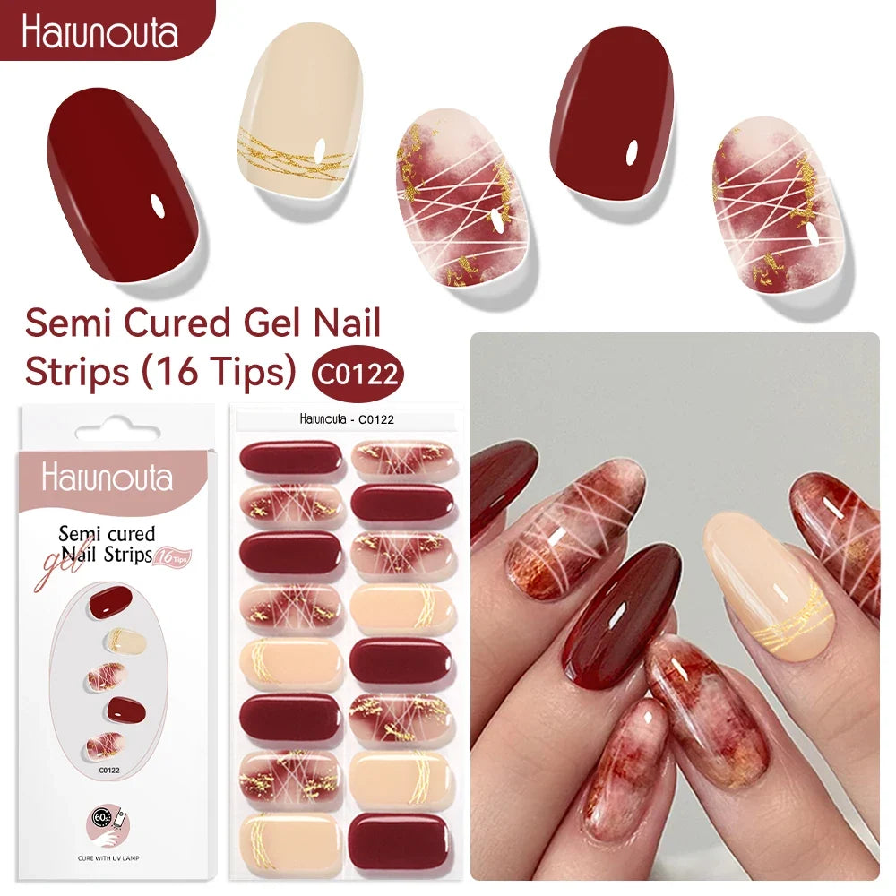 Harunouta 16strips Gradient Red Marble Gold Line Semi Cured Gel Nail Strips DIY Gel Polish Stickers for Nails Work with UV/LED 1