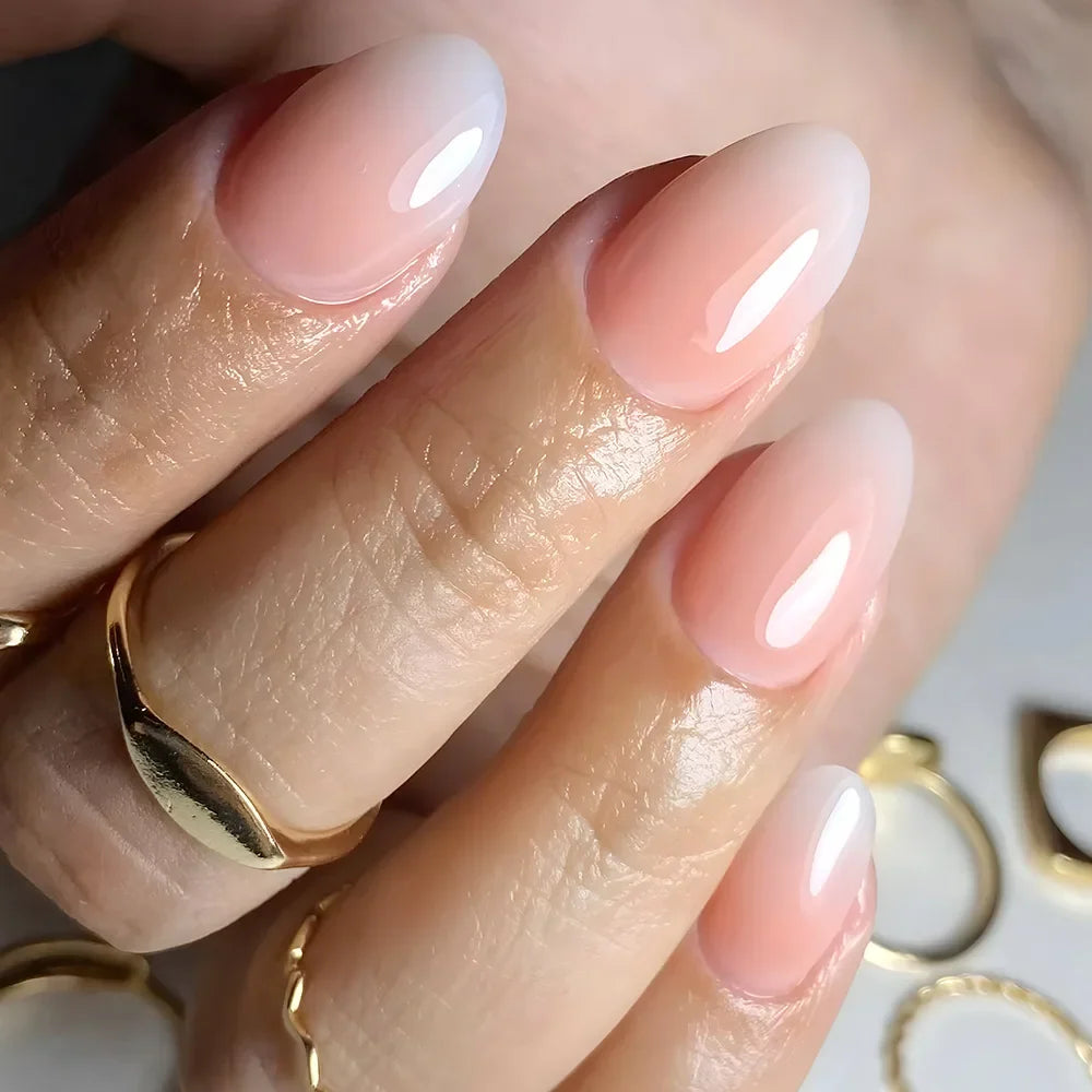 24Pcs Short Oval Head Blush Pink Press on Nails with Simple Designs Almond Nails Wearable Acrylic Full Cover Nail Tips with Glue 35