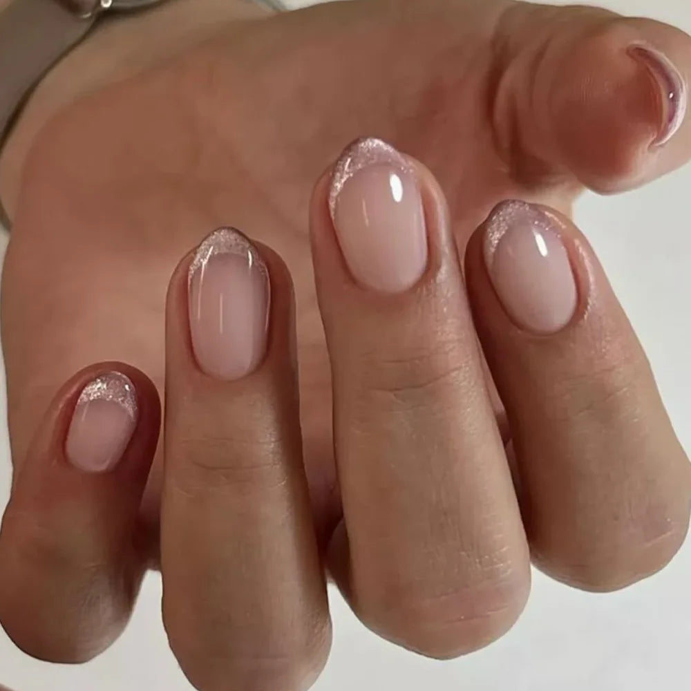 24Pcs Metallic Cat Eye French Sheer Manicure Tip Art Textured 3D Acrylic False Nails Nude Pink Almond Medium Press on Fake Nails 14