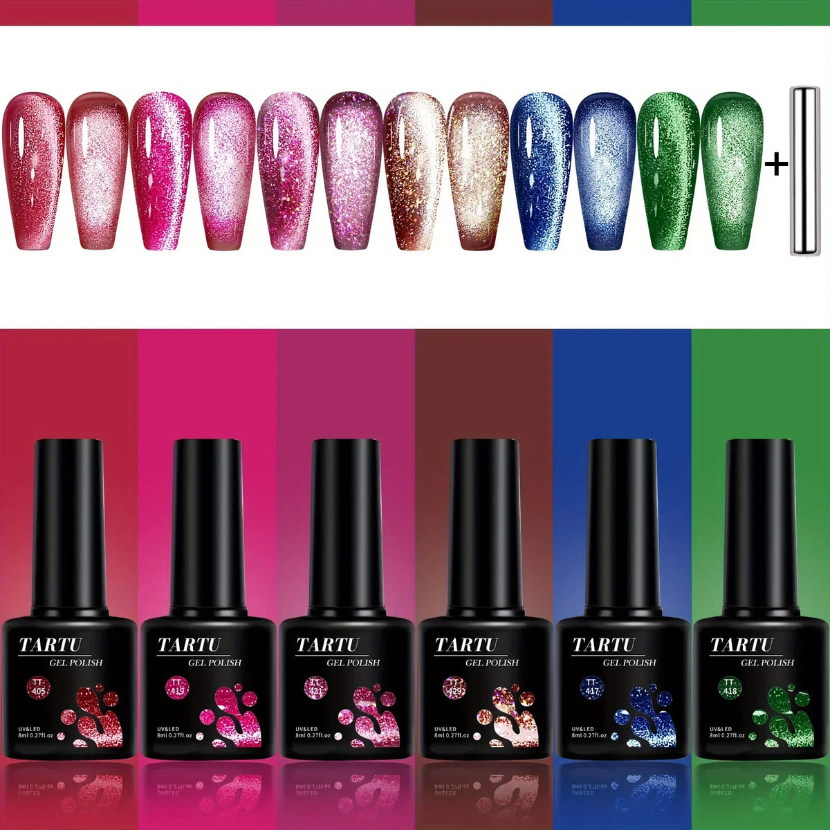 TARTU 6pcs 8ml Cat Eye Gel Nail Polish Set, 6 Colors Gel Polish Kit, Soak Off for Uv/Led, for Salon and Nail Art DIY At Home 1