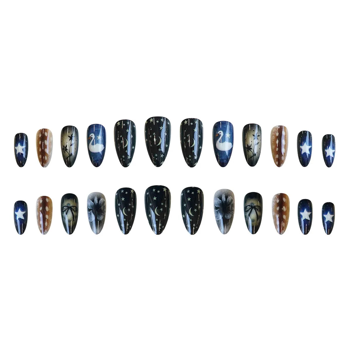 24pcs Gradient Black False Nails Yellow Star Moon Swan Pattern Press On Nails Sweet Cool Bowknots Flower Fake Nail Y2k Manicure 4
