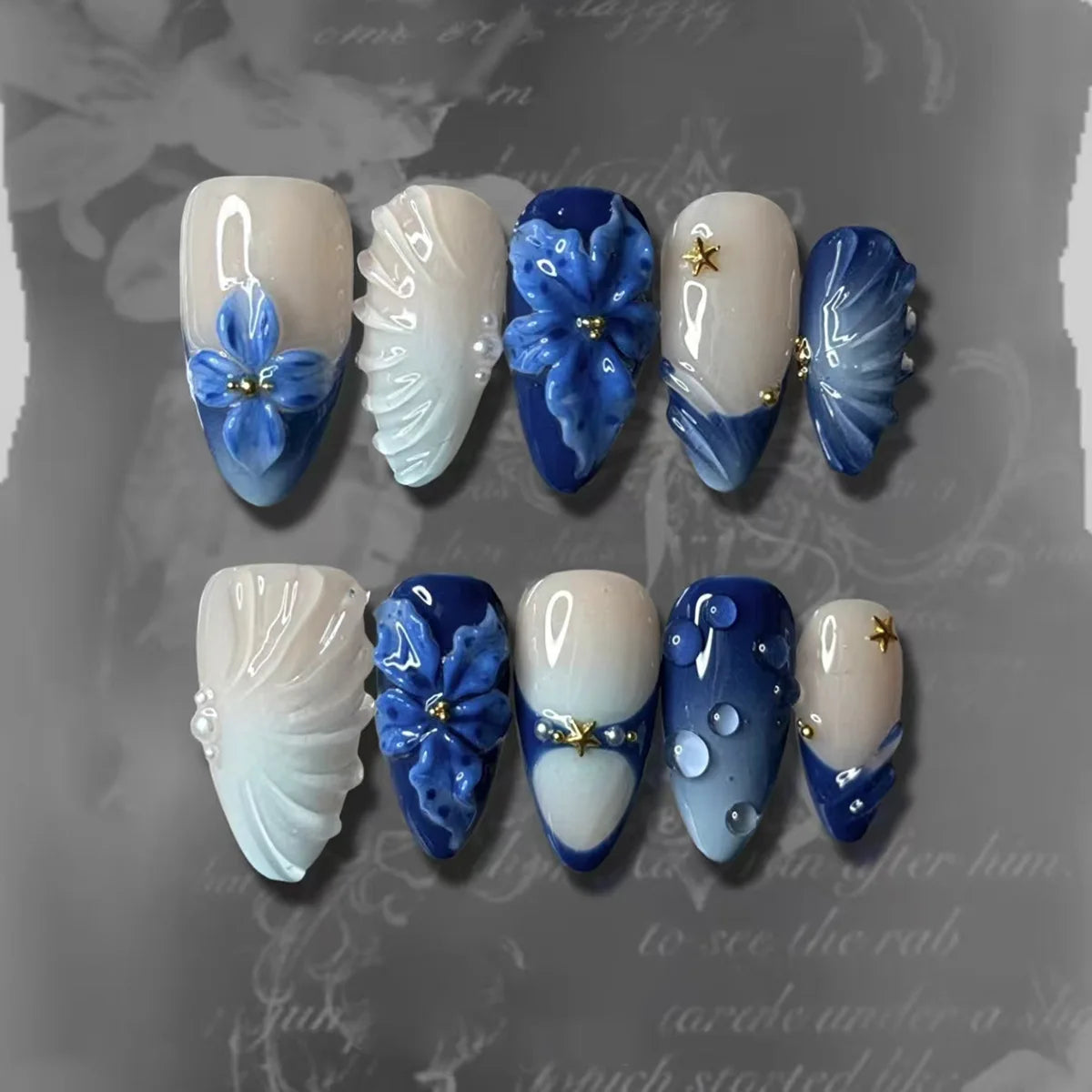 24Pcs 3D Strawberry Rabbit Flower Fake Nails Press on Mid-length Almond Wearable False Nails Green Gradient Pearl Manicure Tips 5
