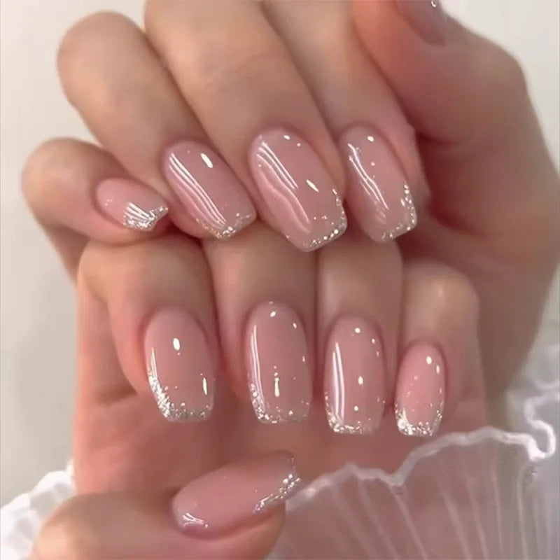 24Pcs Simple Square Head Fake Nail with Jelly Glue Pink White Gradient French Press on False Nails Short Full Cover Nail Tips 46