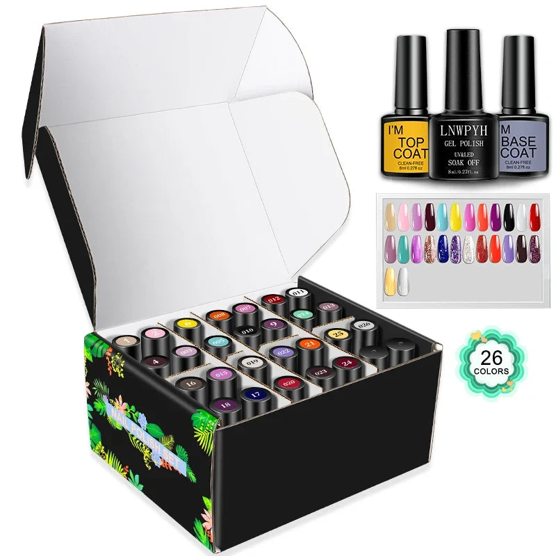 LNWPYH Gel Nail Polish Set Nail Gel Kit 26 Color Semi Permanent UV Led Gel Varnish Soak Off Nail Lacquers Base Coat Top Coat Kit 2