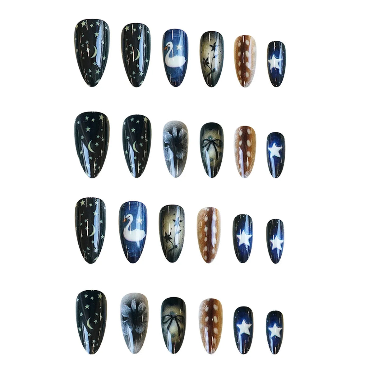 24pcs Gradient Black False Nails Yellow Star Moon Swan Pattern Press On Nails Sweet Cool Bowknots Flower Fake Nail Y2k Manicure 3