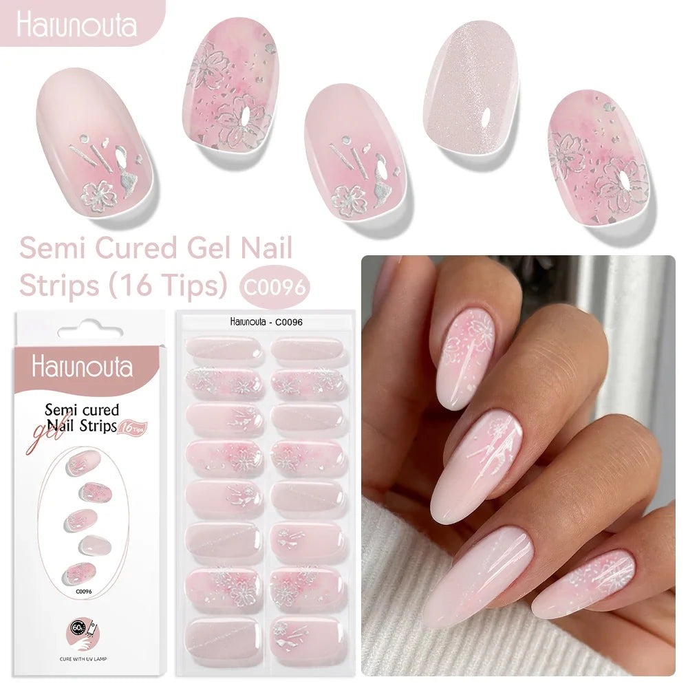 Harunouta 16strips Gradient Red Marble Gold Line Semi Cured Gel Nail Strips DIY Gel Polish Stickers for Nails Work with UV/LED 18