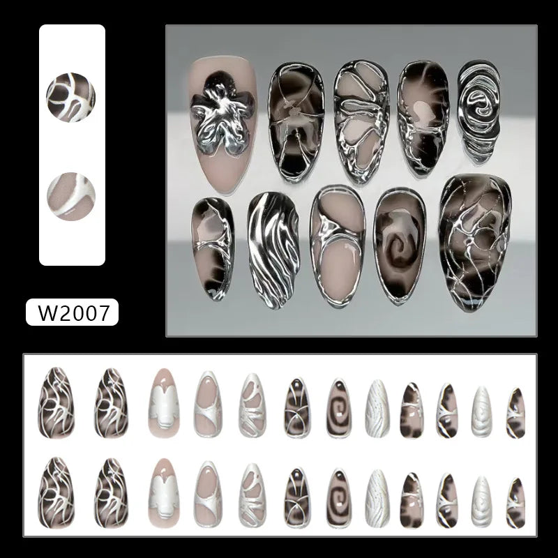 24pcs Flower Print Press on Nails Wine Red Blush Almond False Nail Tips Wearable Reusable Summer Spicy Girl Fake Nails 36