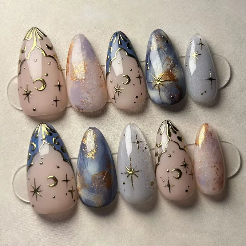 24pcs Gradient Black False Nails Yellow Star Moon Swan Pattern Press On Nails Sweet Cool Bowknots Flower Fake Nail Y2k Manicure 10