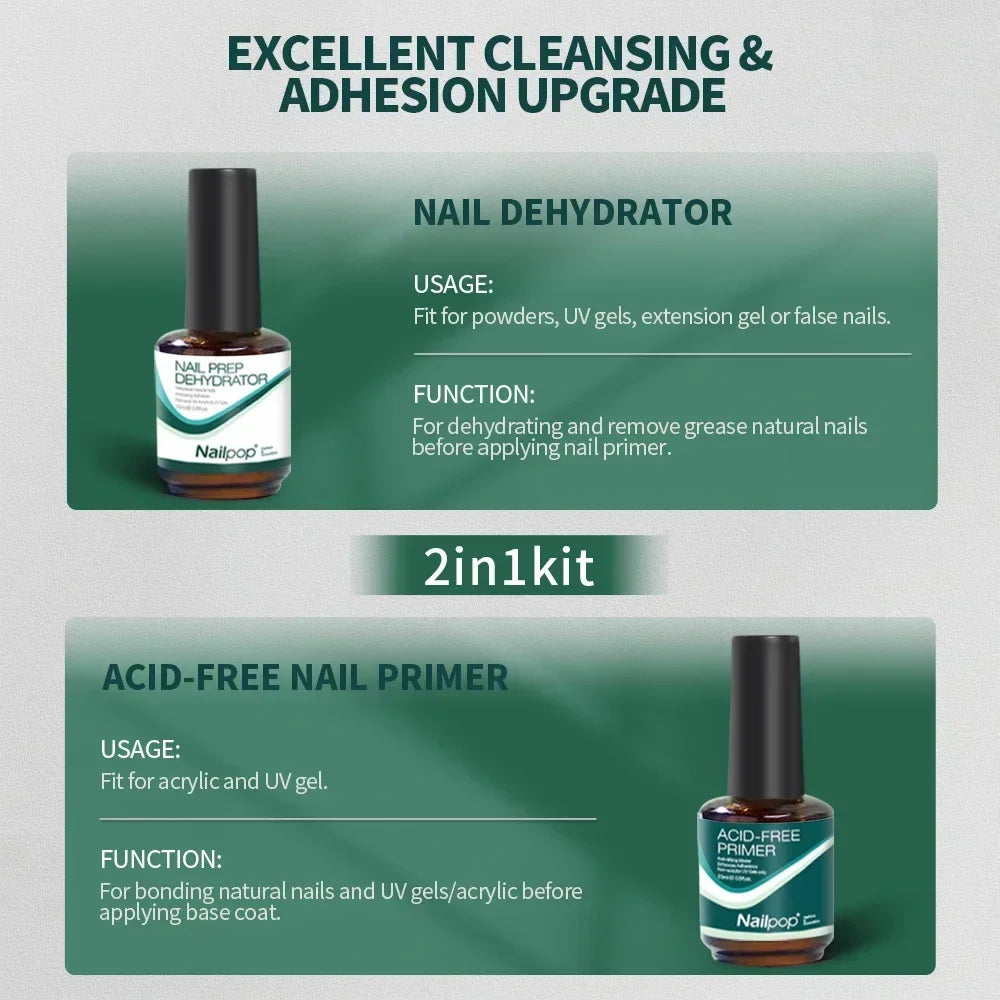 Nailpop Nail Dehydrator and Primer Acid Free Natural Nail Prep for Acrylic and UV Gel Nail Polish Fast Dry Superior Bonding Set 3