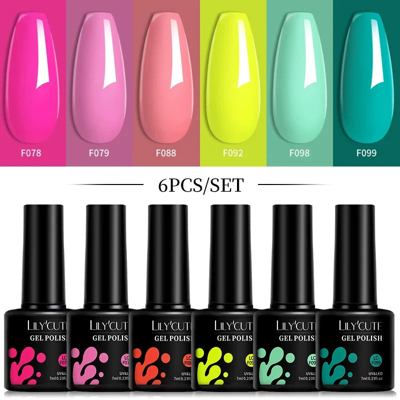 LILYCUTE 6Pcs/Set 7ML Gel DIY Nail Polish Bright Pink Semi Permanent Soak Off UV LED Gel Varnish Nail Art Design Manicure Kit 14