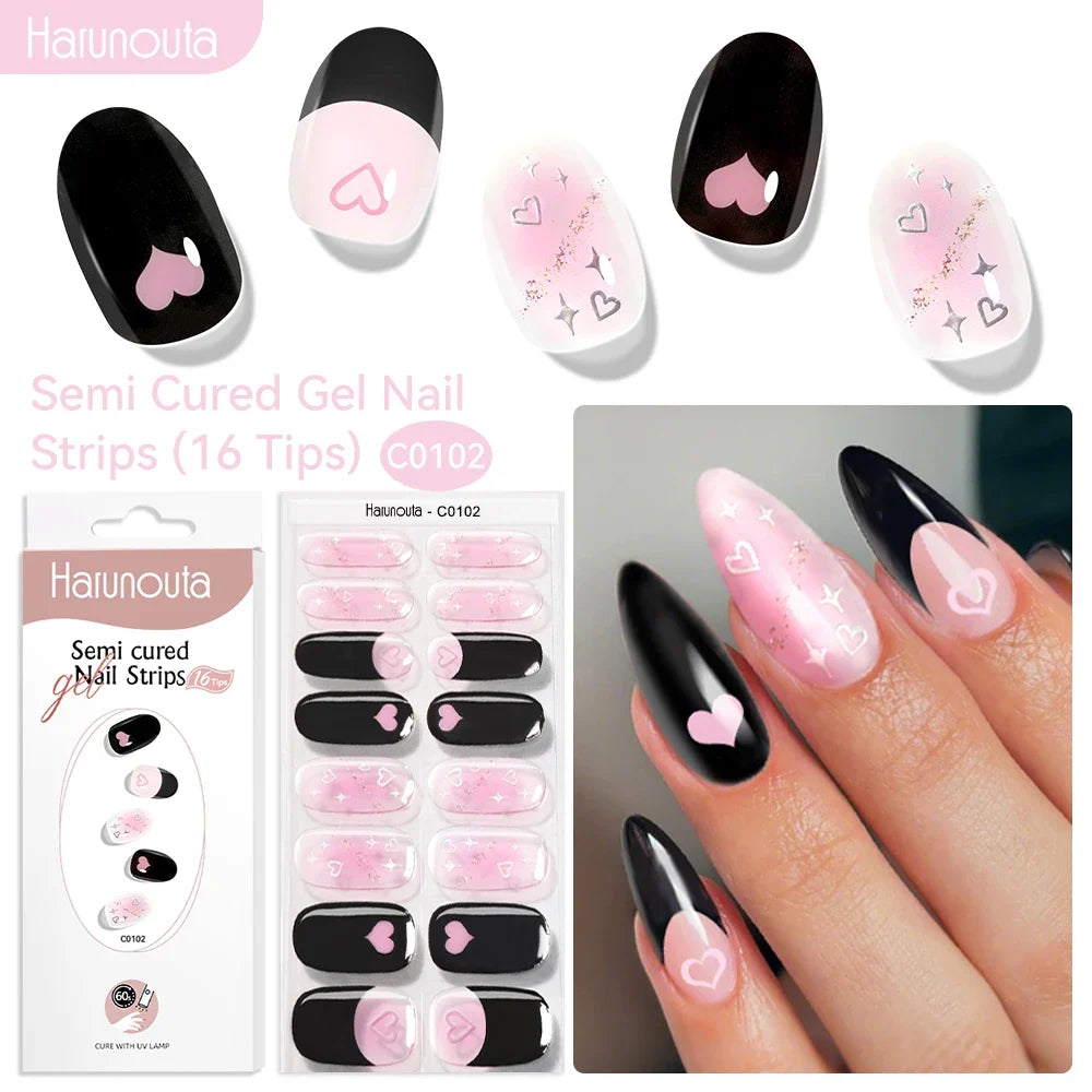 Harunouta 16strips Gradient Red Marble Gold Line Semi Cured Gel Nail Strips DIY Gel Polish Stickers for Nails Work with UV/LED 38