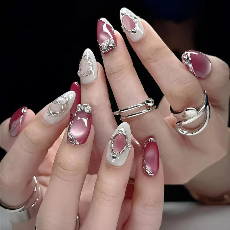 24Pcs 3D Strawberry Rabbit Flower Fake Nails Press on Mid-length Almond Wearable False Nails Green Gradient Pearl Manicure Tips 3