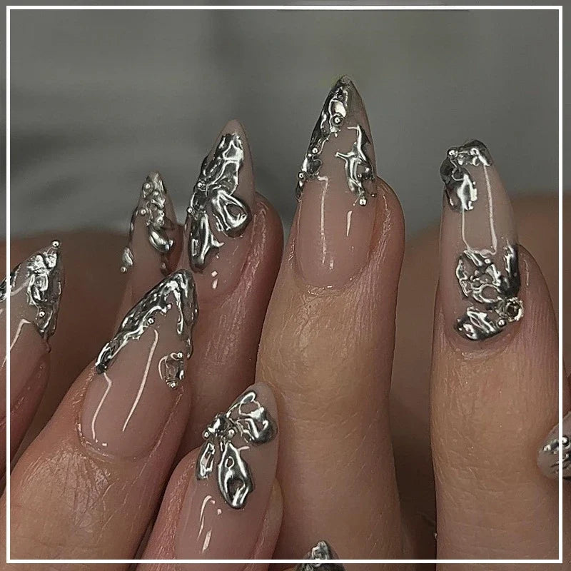 24Pcs Metallic Cat Eye French Sheer Manicure Tip Art Textured 3D Acrylic False Nails Nude Pink Almond Medium Press on Fake Nails 20