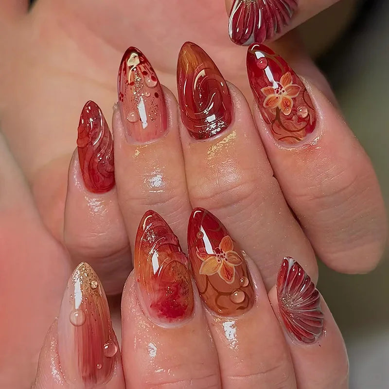 24Pcs 3D Strawberry Rabbit Flower Fake Nails Press on Mid-length Almond Wearable False Nails Green Gradient Pearl Manicure Tips 6