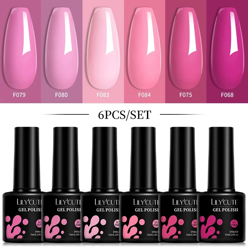 LILYCUTE 6Pcs/Set 7ML Gel DIY Nail Polish Bright Pink Semi Permanent Soak Off UV LED Gel Varnish Nail Art Design Manicure Kit 16