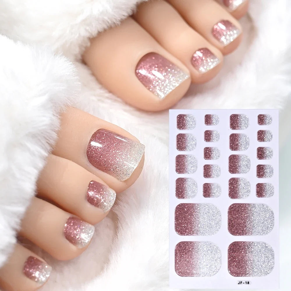 1pcs 22tips Gradient Glitter Full Toe Nail Wraps 3D Shiny Omber Pink/Purple/blue Toe Nail Polish Stickers Baking Free Toe Strips 7