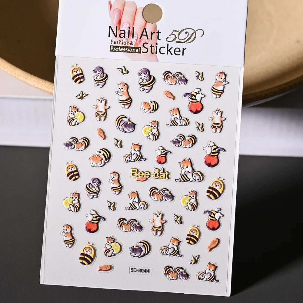 Lovely Cat Nail Decals 3D Animal Cartoon Dog Scrawl Relief Self Adhesive Nail Art Stickers Cute Puppy Kitty Y2K Nails Decoration 7