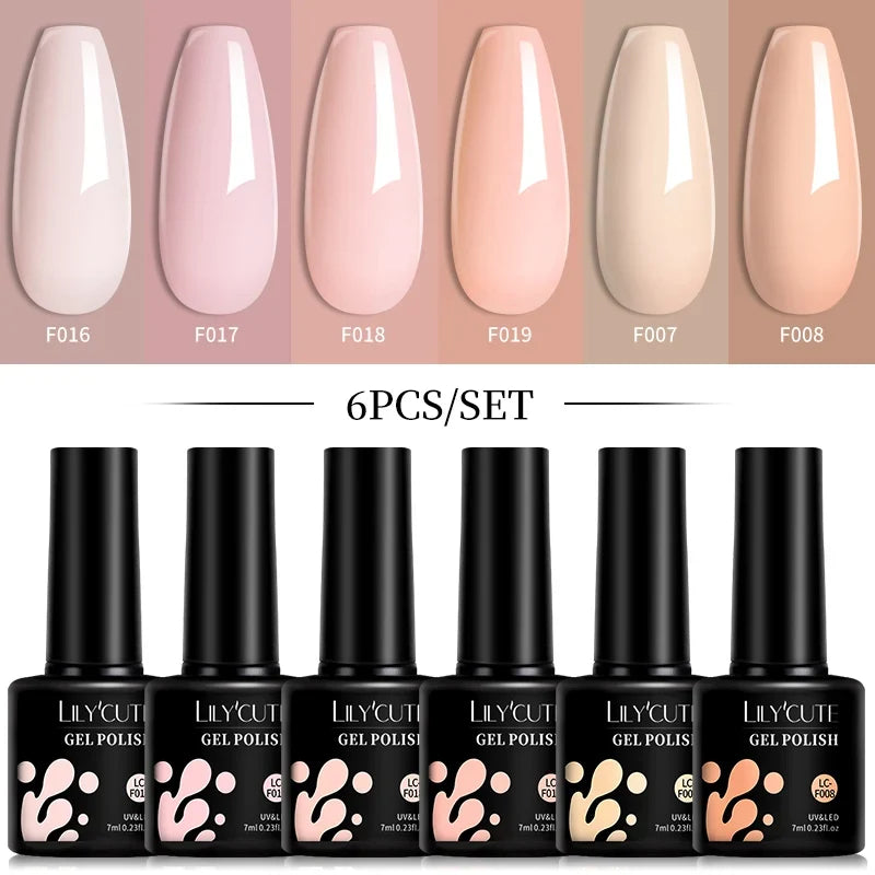 LILYCUTE 6Pcs/Set 7ML Gel DIY Nail Polish Bright Pink Semi Permanent Soak Off UV LED Gel Varnish Nail Art Design Manicure Kit 8