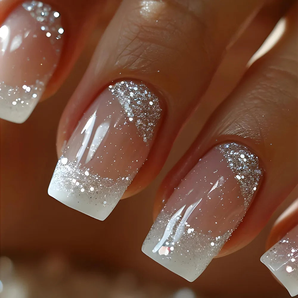 24Pcs Simple Square Head Fake Nail with Jelly Glue Pink White Gradient French Press on False Nails Short Full Cover Nail Tips 7
