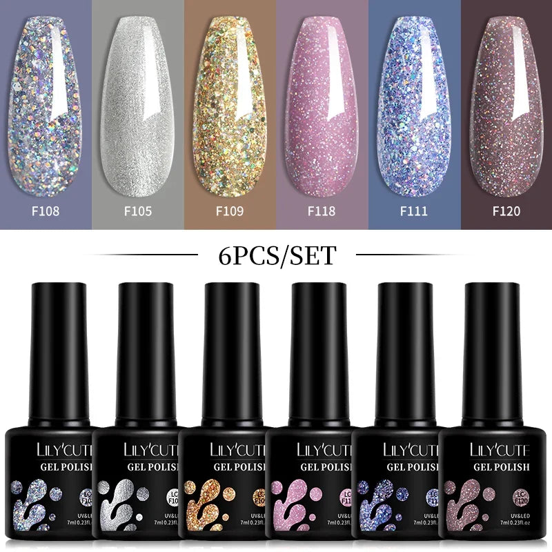 LILYCUTE 6Pcs/Set 7ML Gel DIY Nail Polish Bright Pink Semi Permanent Soak Off UV LED Gel Varnish Nail Art Design Manicure Kit 34