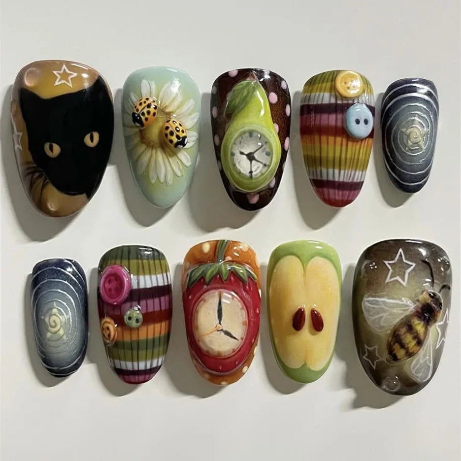 24pcs Gradient Black False Nails Yellow Star Moon Swan Pattern Press On Nails Sweet Cool Bowknots Flower Fake Nail Y2k Manicure 22