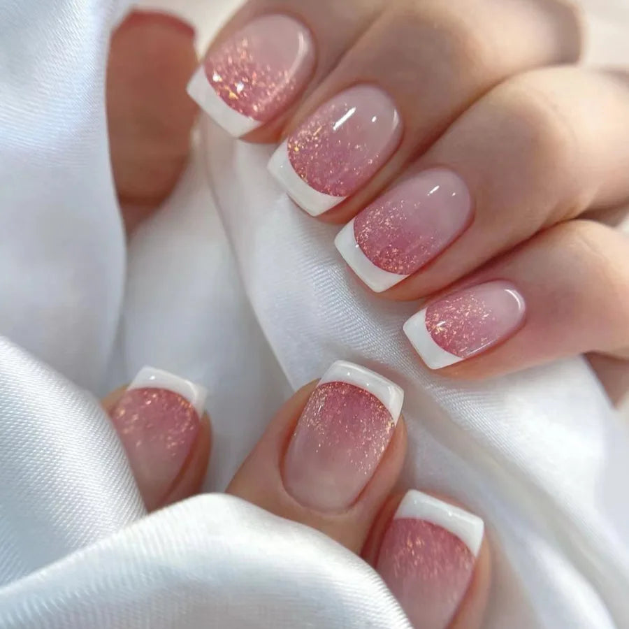 24Pcs Simple Square Head Fake Nail with Jelly Glue Pink White Gradient French Press on False Nails Short Full Cover Nail Tips 35