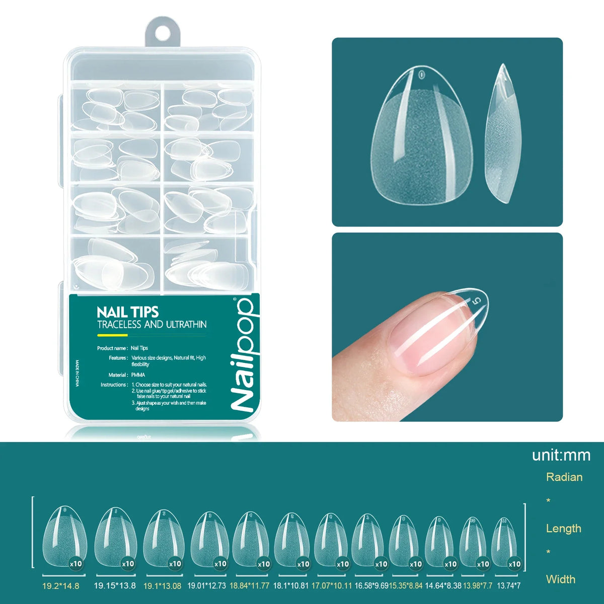 Nailpop 120pcs/box Gel X Nail Tips Medium Short Shape Almond/Square/Soft Gel Nail Tips False Nails Soak Off Easy Nail Extensions 12