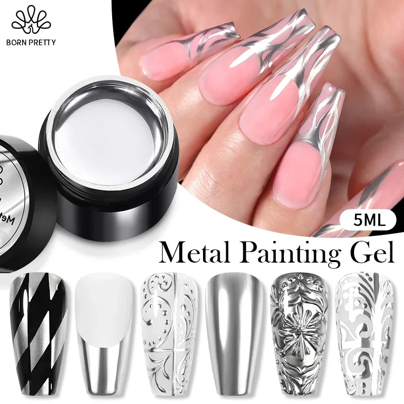 BORN PRETTY 5ml Metallic Painting Gel Polish Strong Silver Effection Nail Art Soak Off Gel Nail Polish Silver Mirror Gel 2