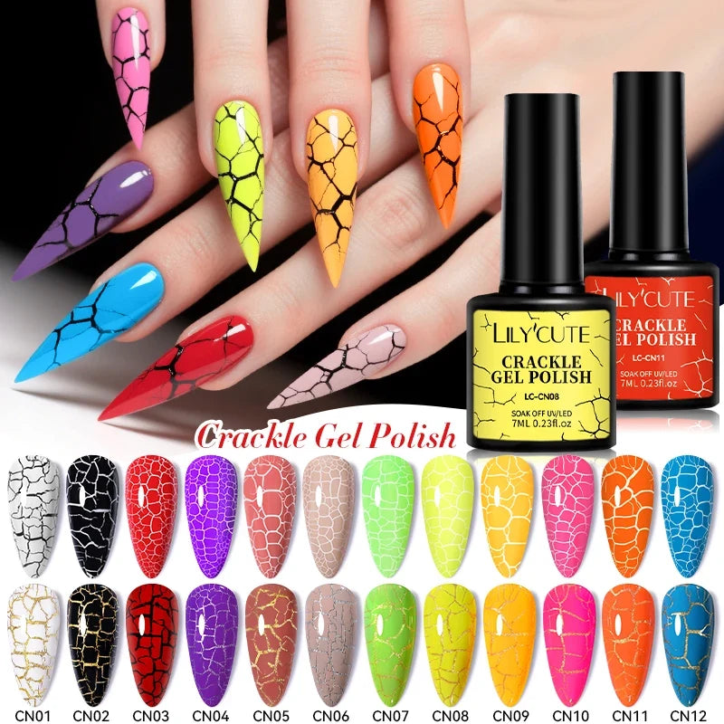 LILYCUTE 7ml Neon Crackle Gel Nail Polish Summer Fluorescent Quick Drying Semi Permanent UV Gel Nail Art Varnish DIY Manicure 1