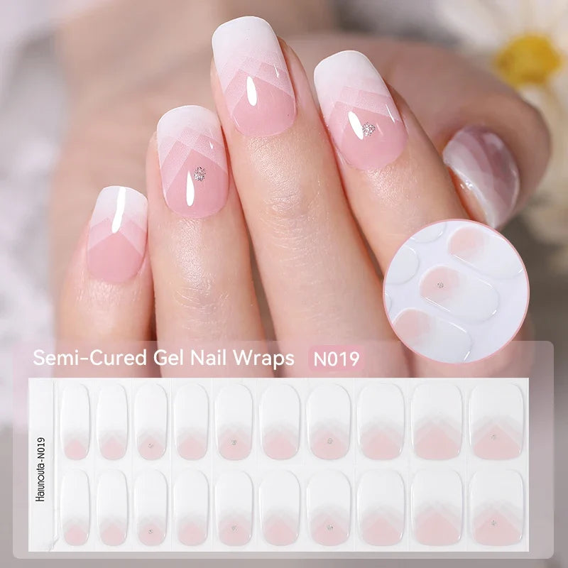20Tips Gradient French Semi-cured Gel Nail Sticker UV Lamp Needed Full Cover Nail Gel Polish Wraps Manicure Press on Nails Decal 19