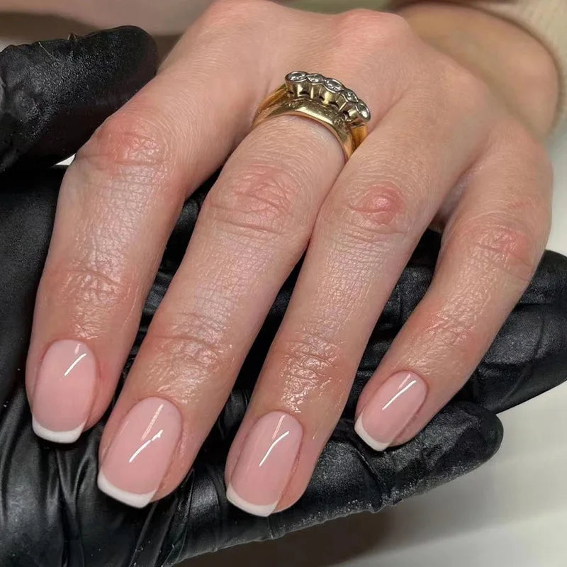 24Pcs Simple Square Head Fake Nail with Jelly Glue Pink White Gradient French Press on False Nails Short Full Cover Nail Tips 26