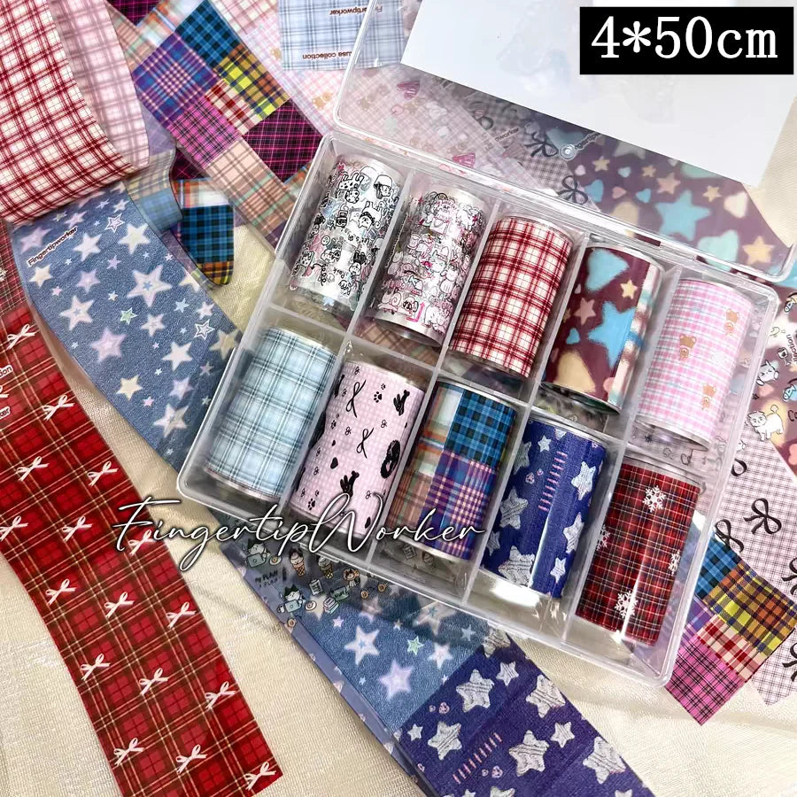 10Rolls Plaid Thousand-Bird Bow  Stars Nail Foils Transfer Paper  Nail Art Stickers  Manicure Set Decal  Nails Decoration 65